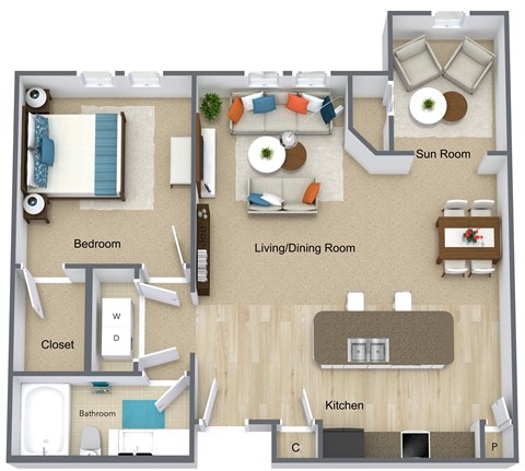 Floor plan for 1 bed, 1 bath, 836 sqft
